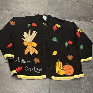 Quacker Factory Size 3X Cardigan Buttons Fall Autumn Greetings Leaf Black XXXL